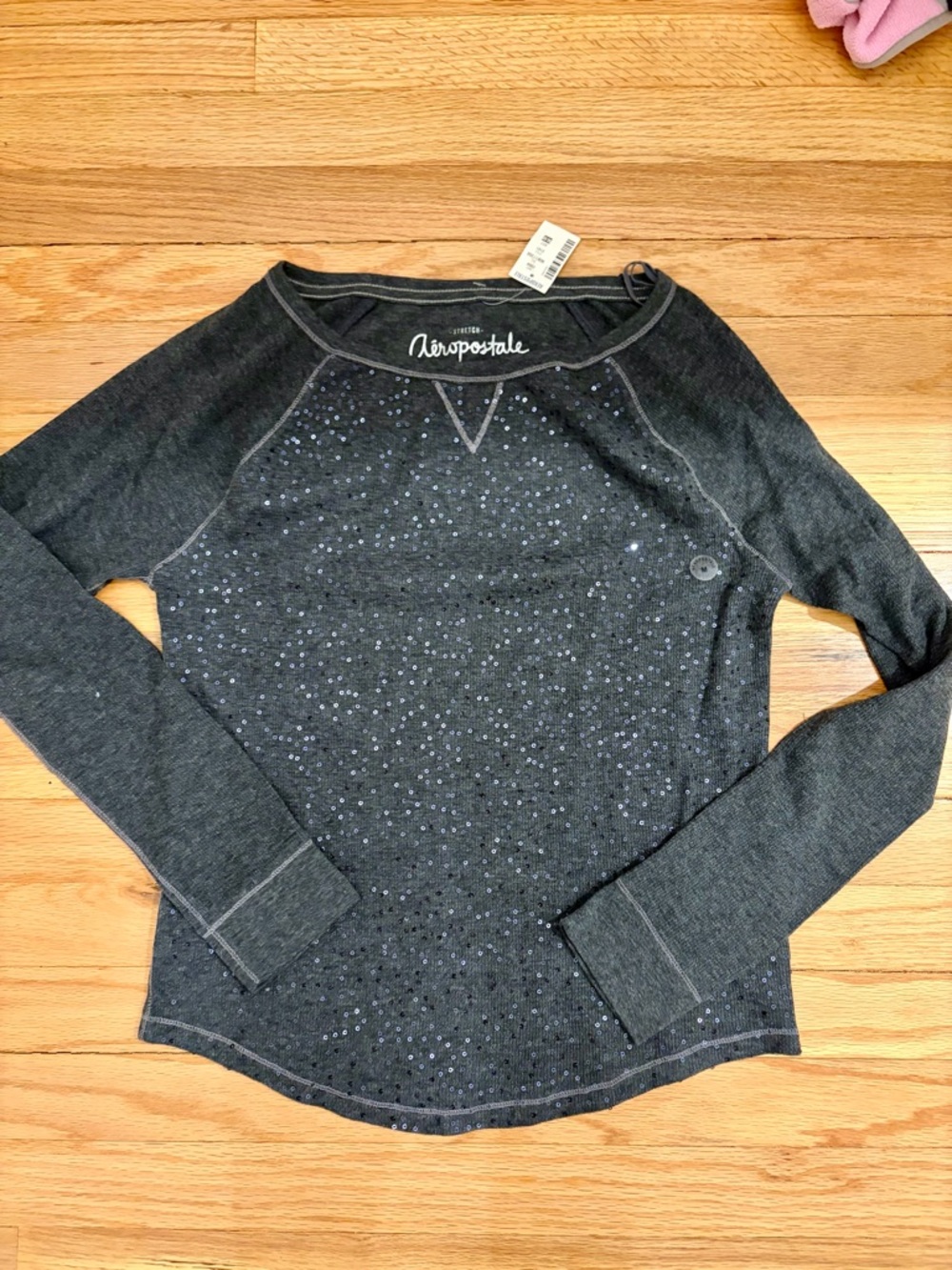 Aeropostale Sequin Long Sleeve Top NWT Gray Lightweight Size M